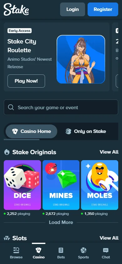 Stake Casino games screen on a mobile device