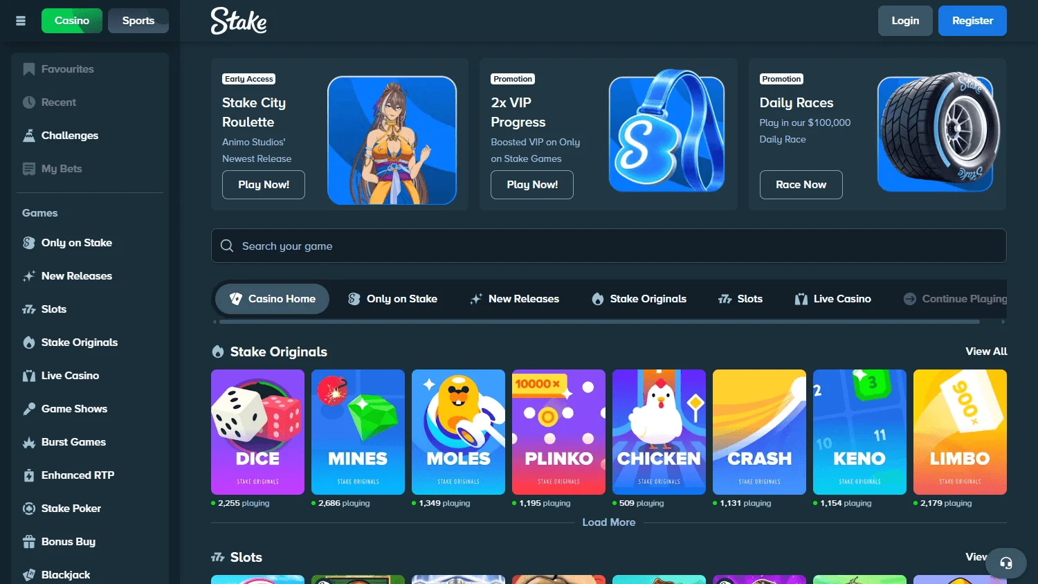 Stake Casino games screen on desktop