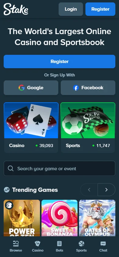 Stake Casino home screen on a mobile device