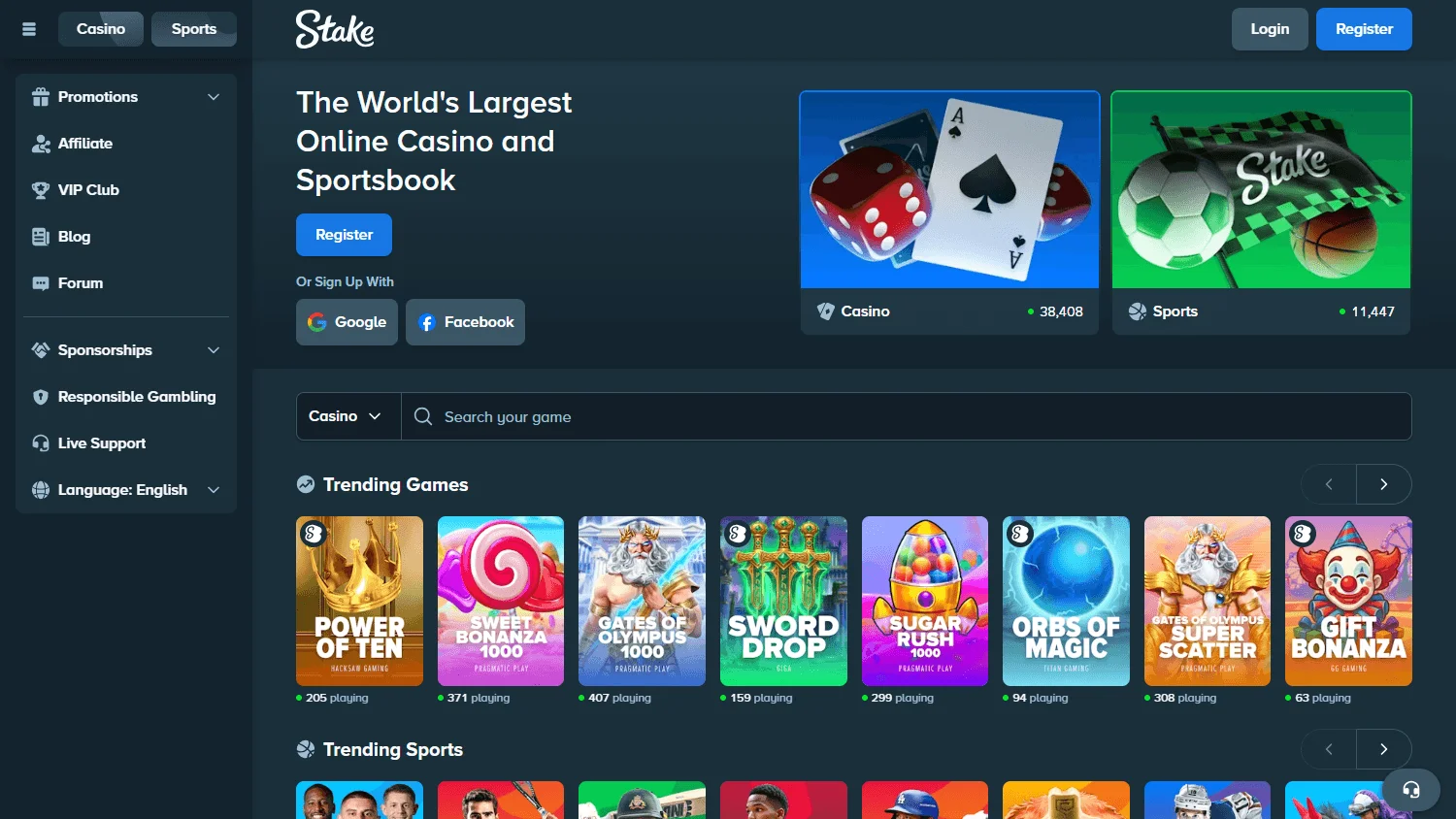 Stake Casino home screen on desktop