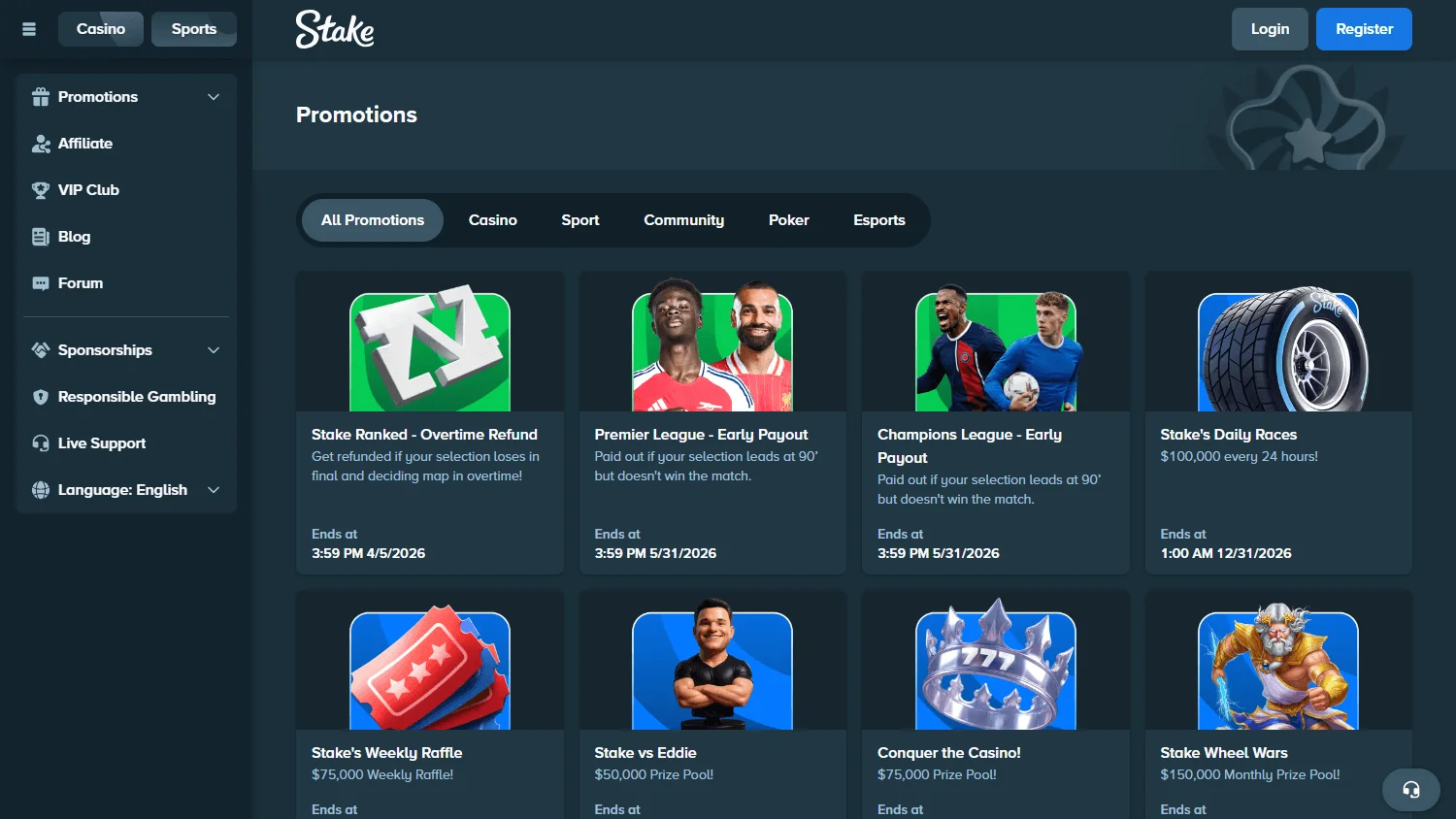 Stake Casino promotions screen on desktop